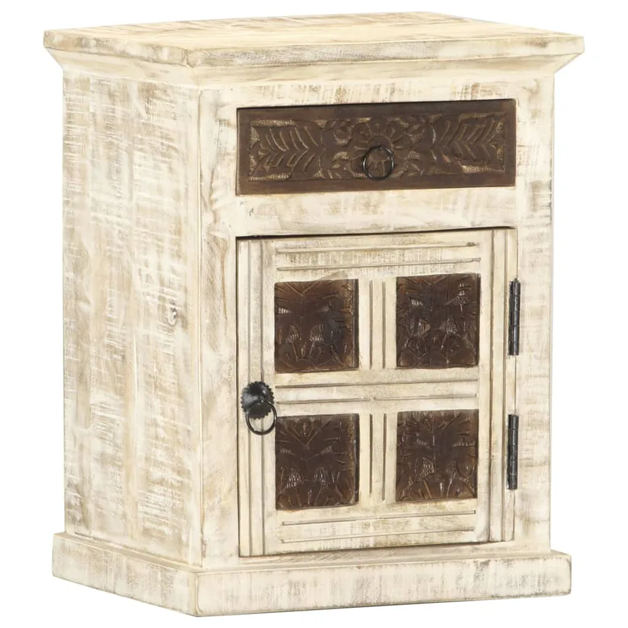Table de chevet Blanc 40 x 30 x 50 cm Bois de manguier massif - 9