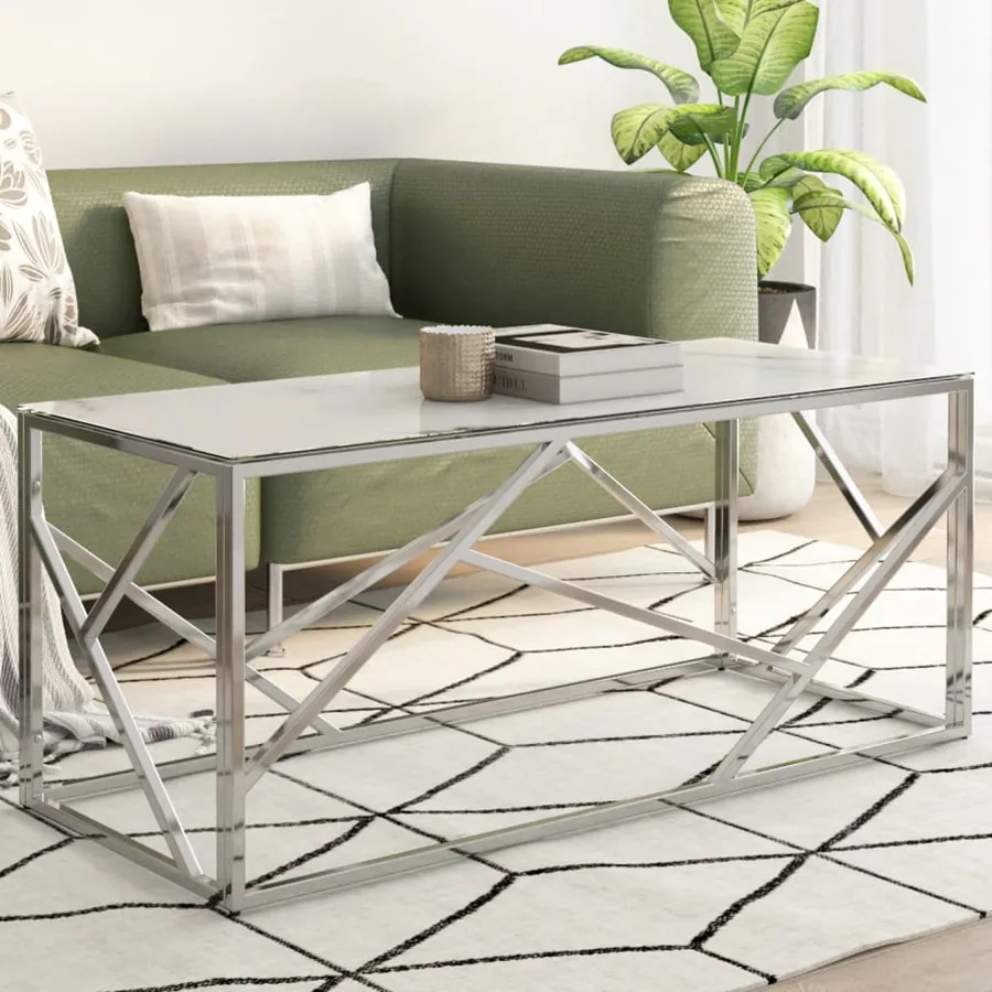 Table basse argenté acier inoxydable et verre trempé