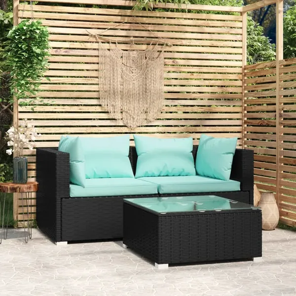 Salon de jardin 3 pcs avec coussins Noir Résine tressée