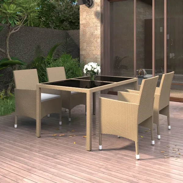 Ensemble à manger de jardin 5 pcs Rotin verre trempé Beige