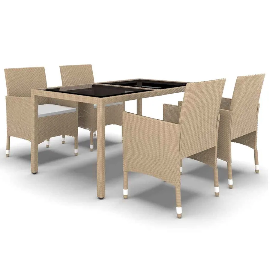 Ensemble à manger de jardin 5 pcs Rotin verre trempé Beige - 2