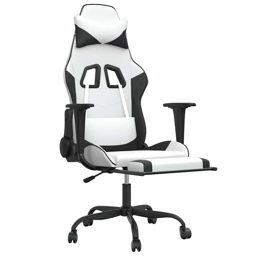 Chaise de jeu de massage avec repose-pied Blanc&Noir Similicuir - 3