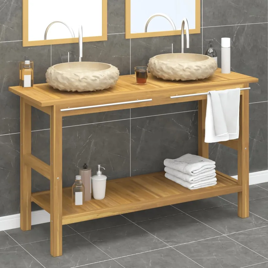 Armoire de salle de bain et lavabos en marbre crème Teck massif