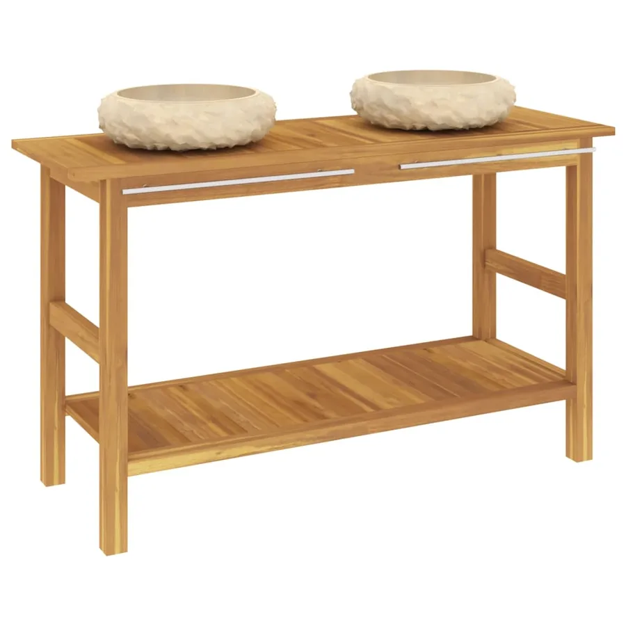 Armoire de salle de bain et lavabos en marbre crème Teck massif - 2