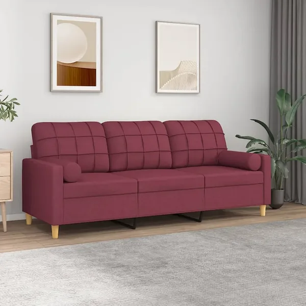 Canapé 3 places avec oreillers décoratifs bordeaux 180 cm tissu