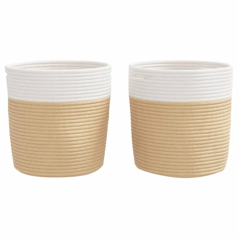 Paniers de rangement 2 pcs beige et blanc Ø28x28 cm coton - 4