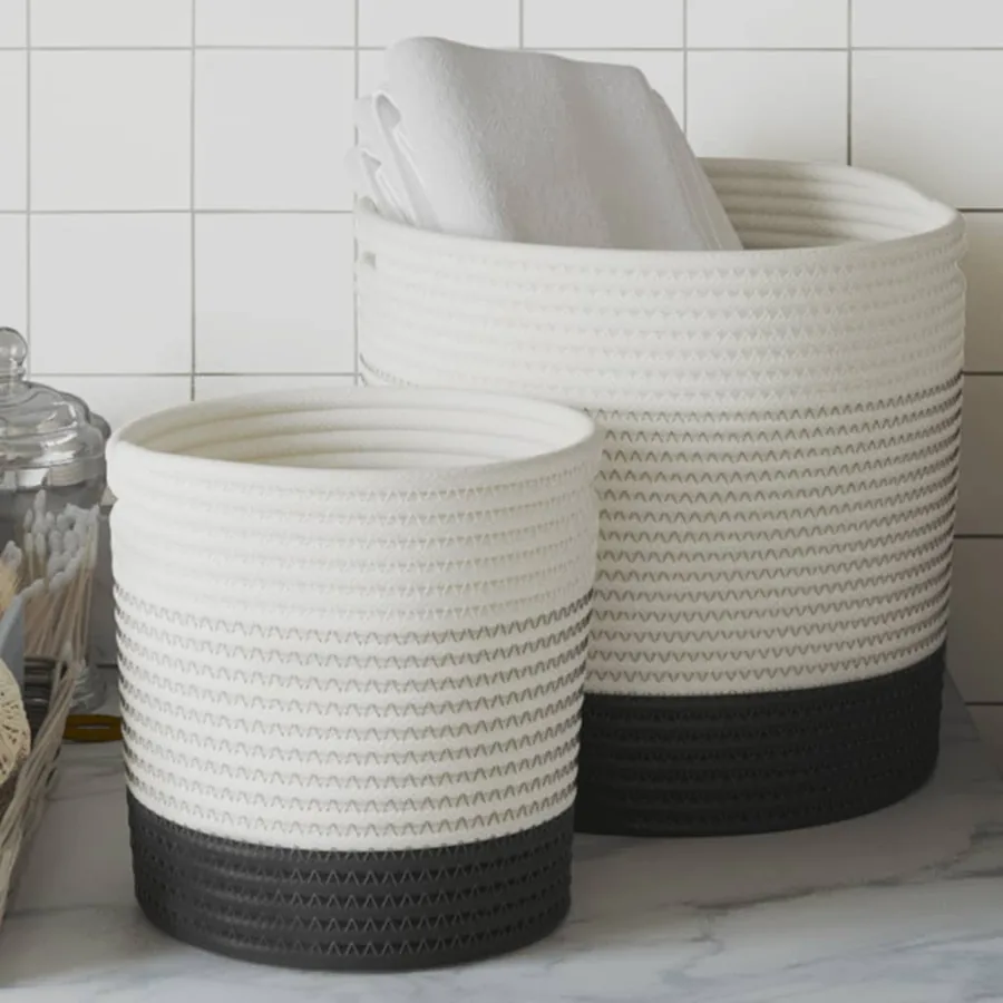 Paniers de rangement 2 pcs blanc et noir coton