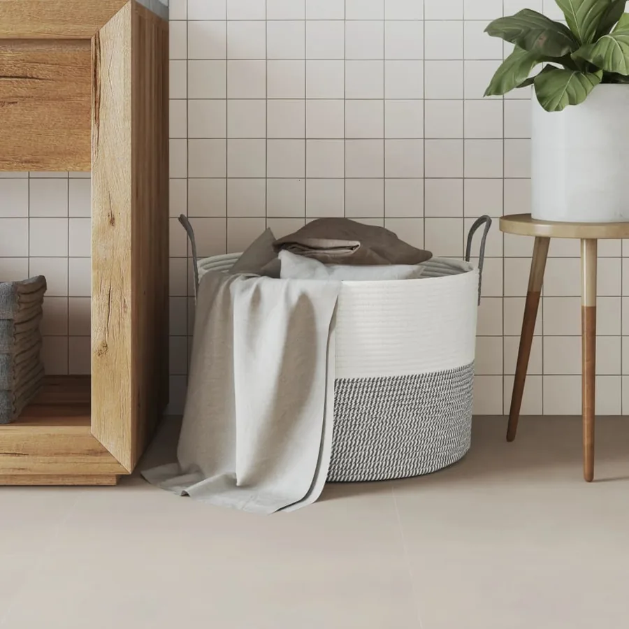 Panier de rangement gris et blanc Ø51x33 cm coton - 3