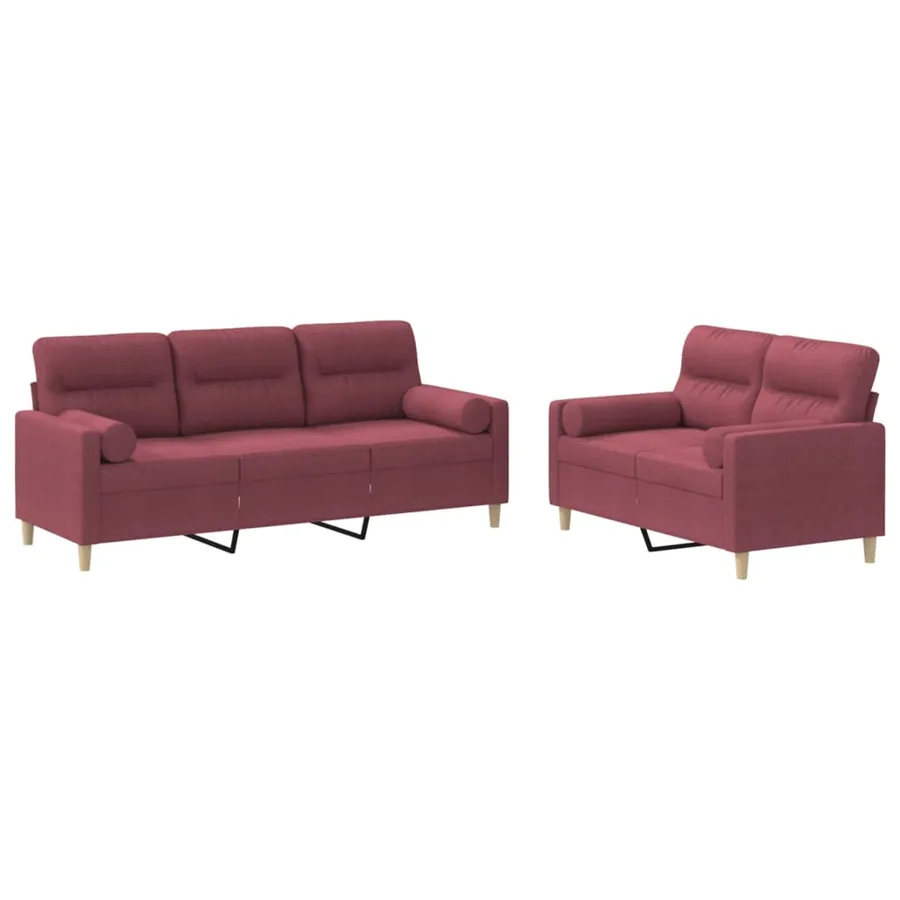 Ensemble de canapés 2 pcs avec coussins rouge bordeaux tissu - 2