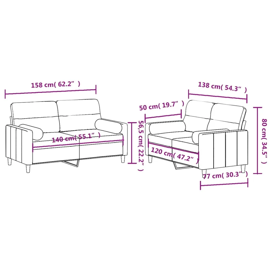 Ensemble de canapés 2 pcs avec coussins marron tissu - 9
