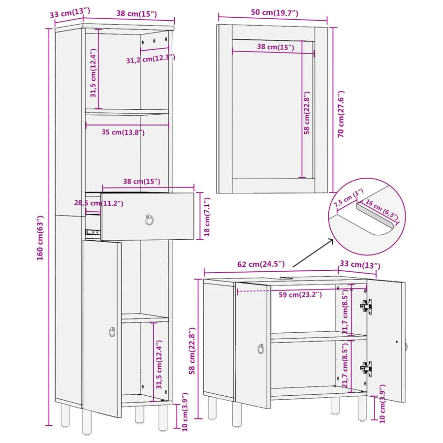 Ensemble de meubles de salle de bain 3 pcs bois manguier massif - 14