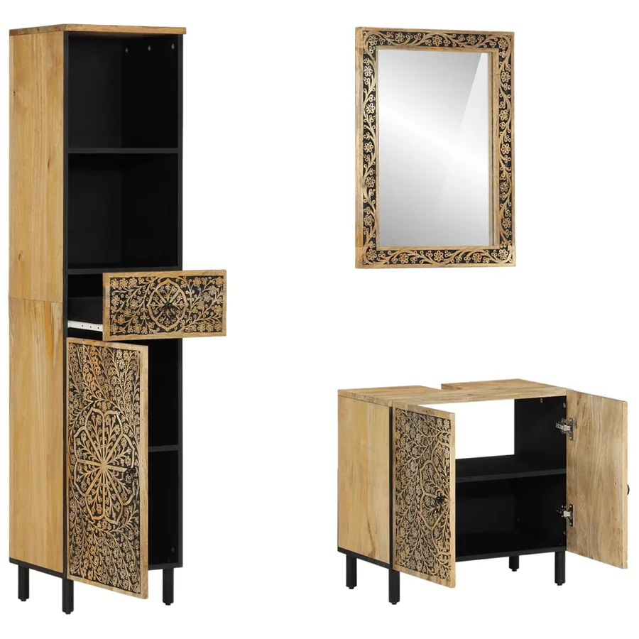 Ensemble de meubles de salle de bain 3 pcs bois manguier massif - 2