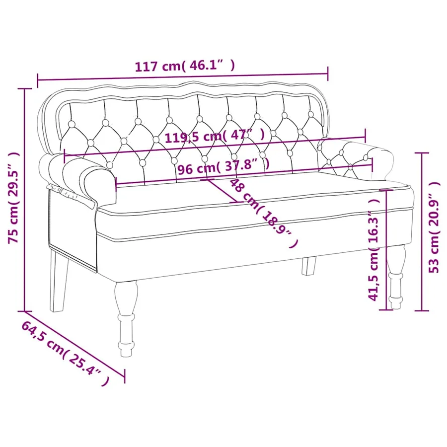 Banc avec dossier jaune 119,5x64,5x75 cm velours - 8