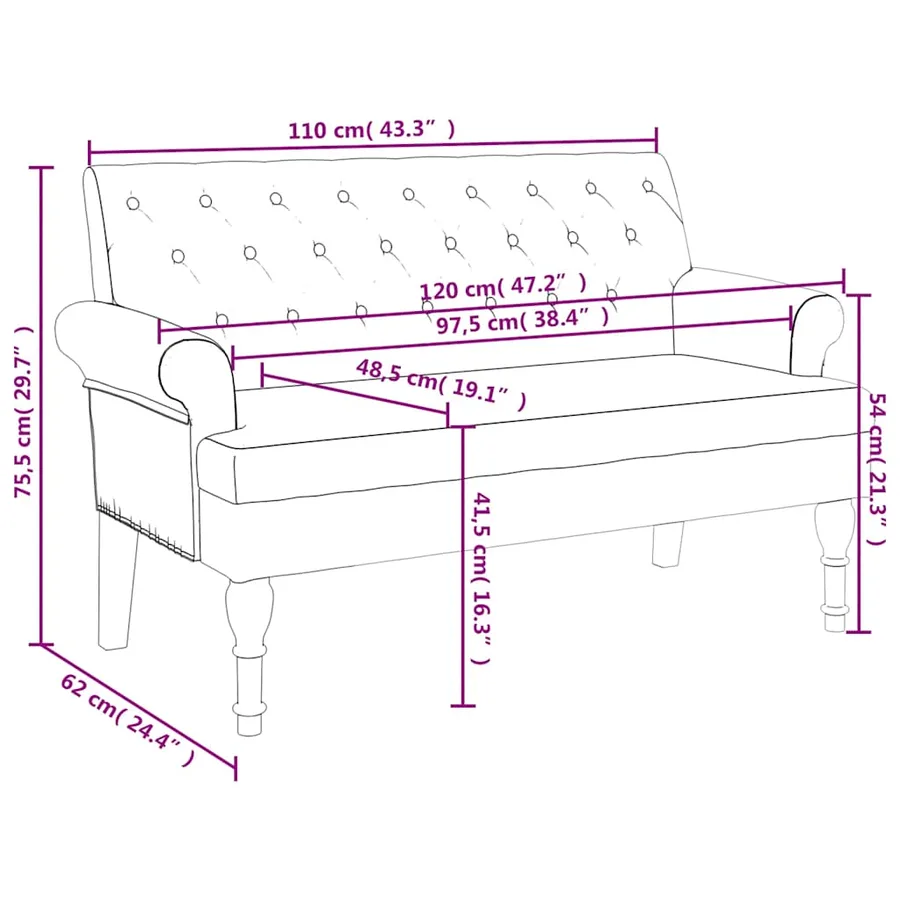 Banc avec dossier Noir 120x62x75,5 cm Tissu - 9