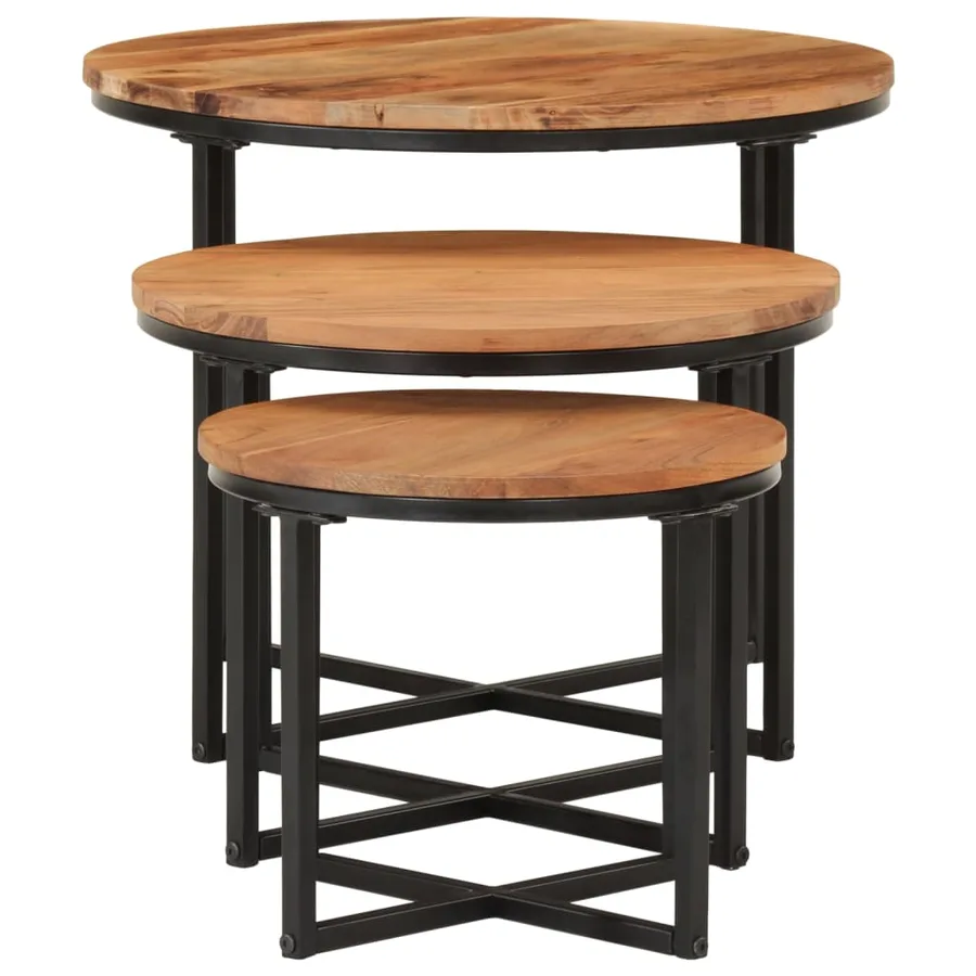 Tables basses gigognes 3 pcs bois massif d'acacia et fer - 3