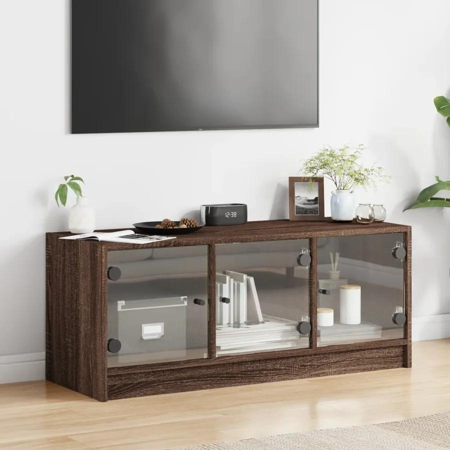 Meuble TV avec portes en verre chêne marron 102x37x42 cm - 3