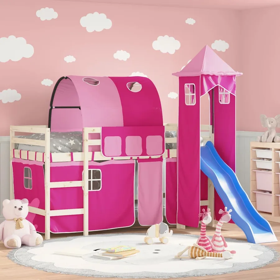 Rideaux pour lit mezzanine avec tunnel et tour rose - 4