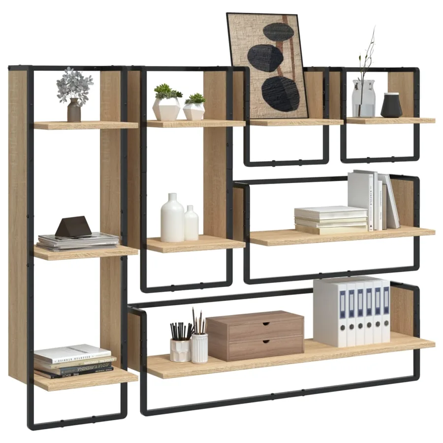 Ensemble d'étagères murales avec barres 6 pcs chêne sonoma - 3