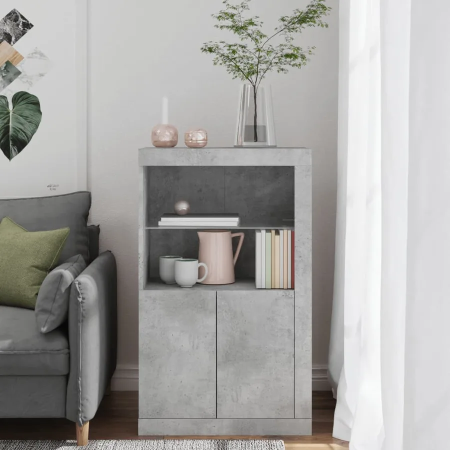 Armoire latérale avec lumières LED gris béton bois d'ingénierie - 4