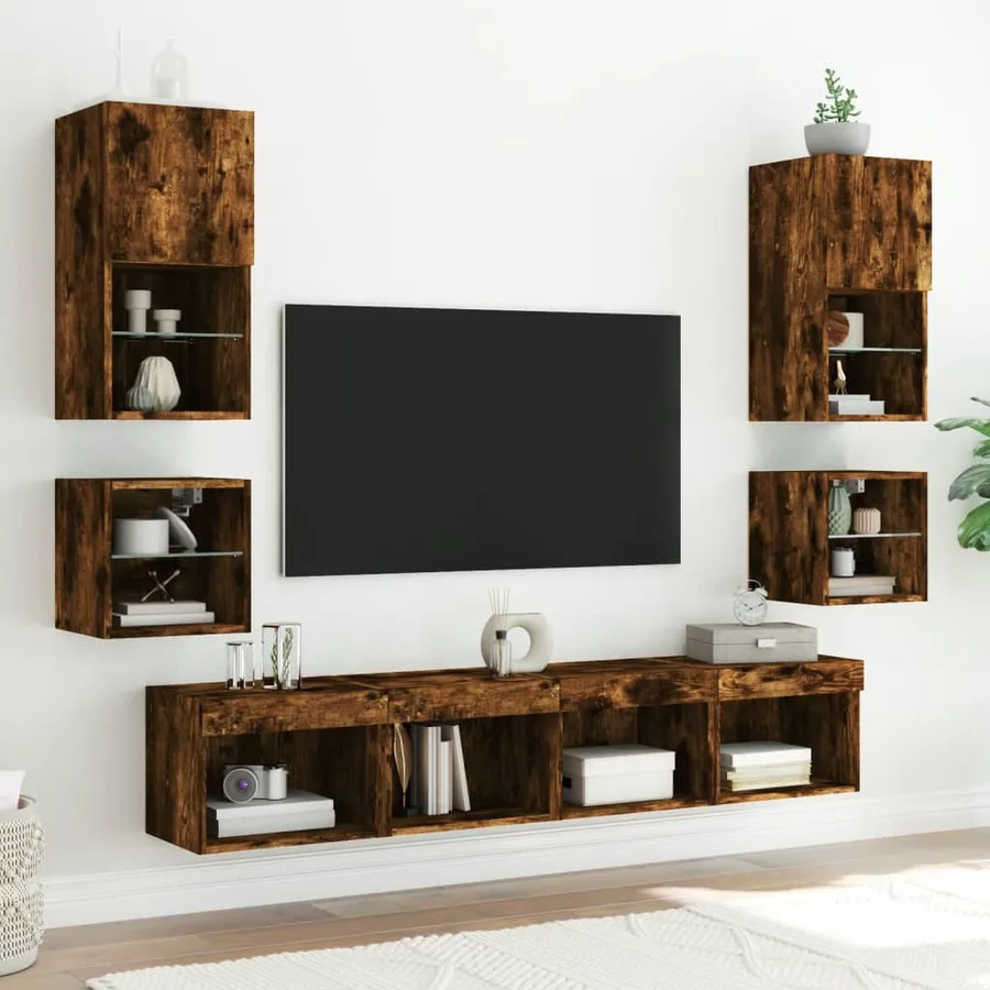 Meuble TV mural avec lumières LED chêne fumé 30x28,5x30 cm - 5