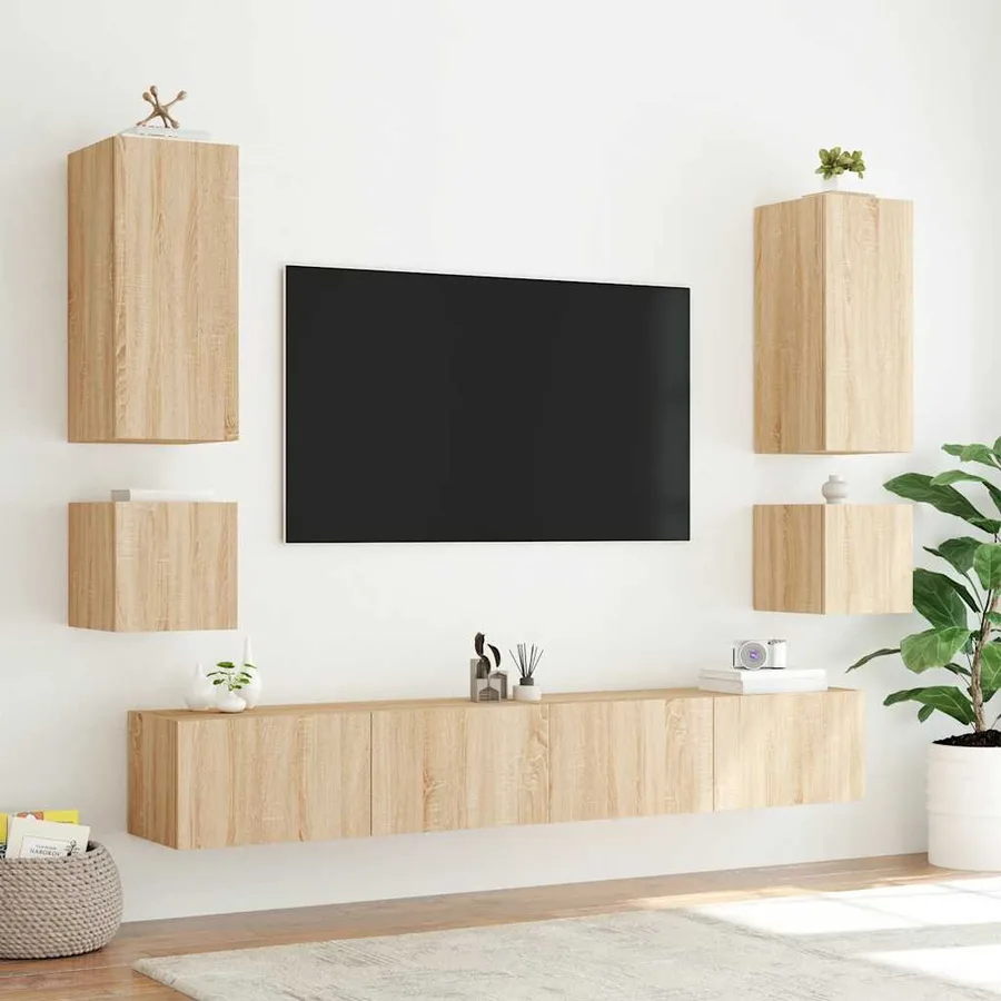 Meuble TV mural avec lumières LED chêne sonoma 100x35x31 cm - 6