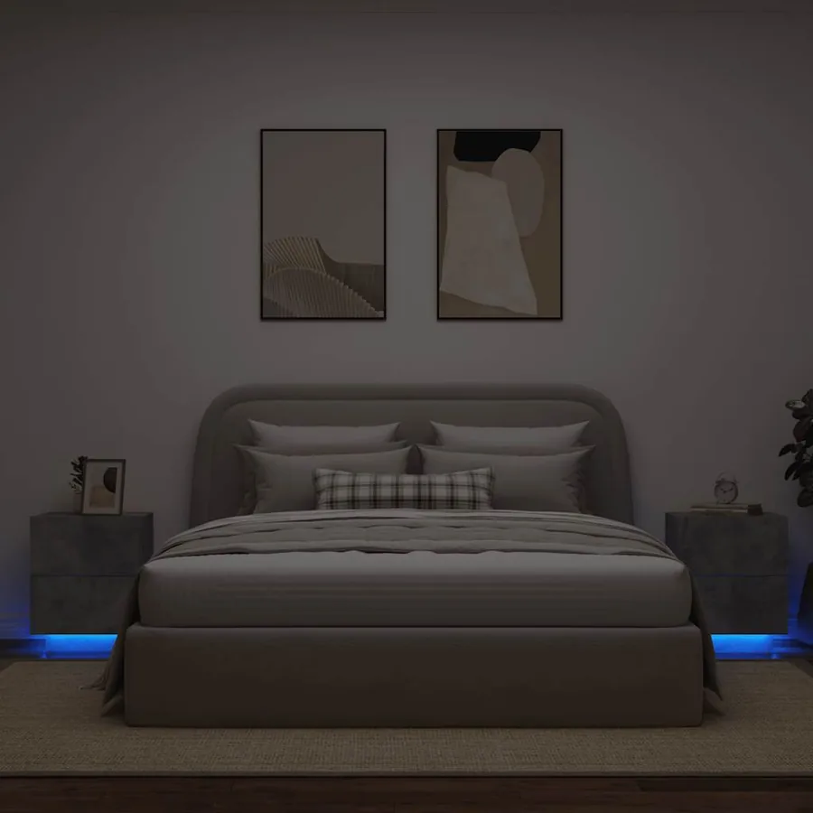 Armoires de chevet et lumières LED 2 pcs gris béton