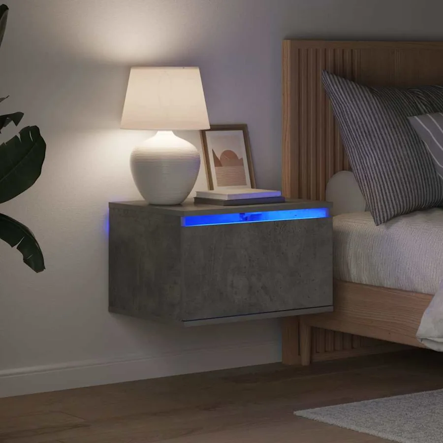 Tables de chevet murales avec lumières LED 2 pcs gris béton