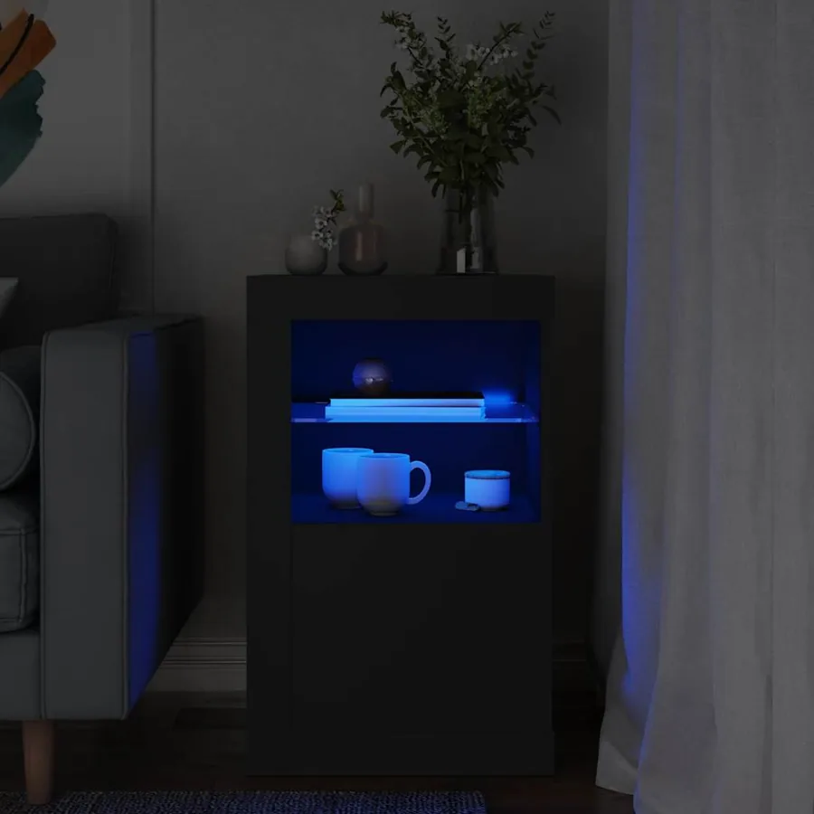 Armoire latérale avec lumières LED noir bois d'ingénierie