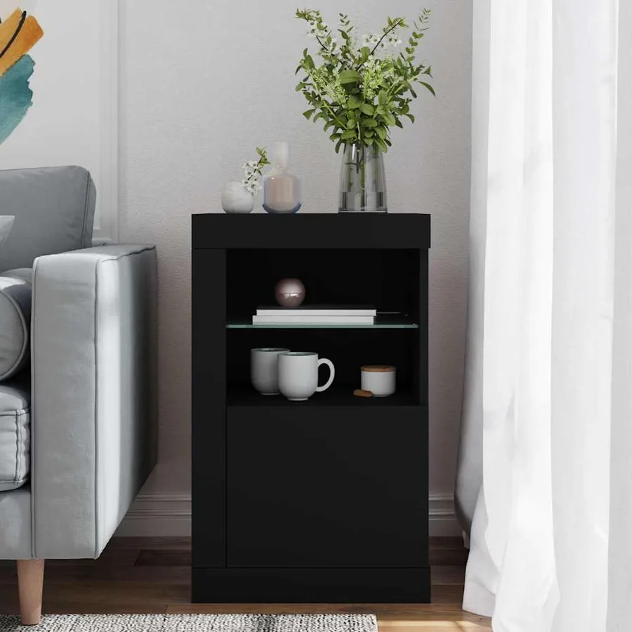 Armoire latérale avec lumières LED noir bois d'ingénierie - 3