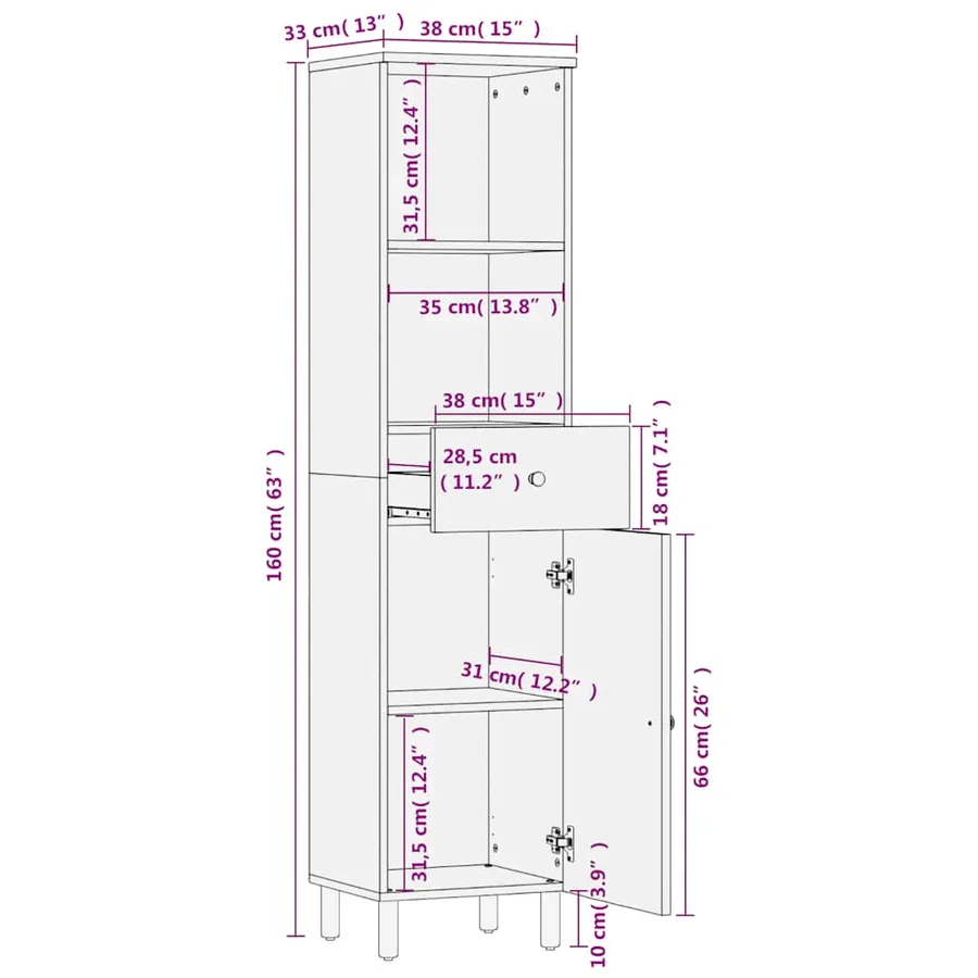 Armoire de salle de bain noir 38x33x160 cm bois massif manguier - 11