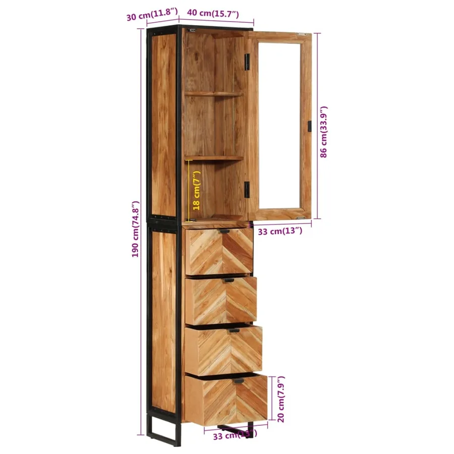 Armoire de salle de bain 40x27x190 cm bois massif d'acacia - 10