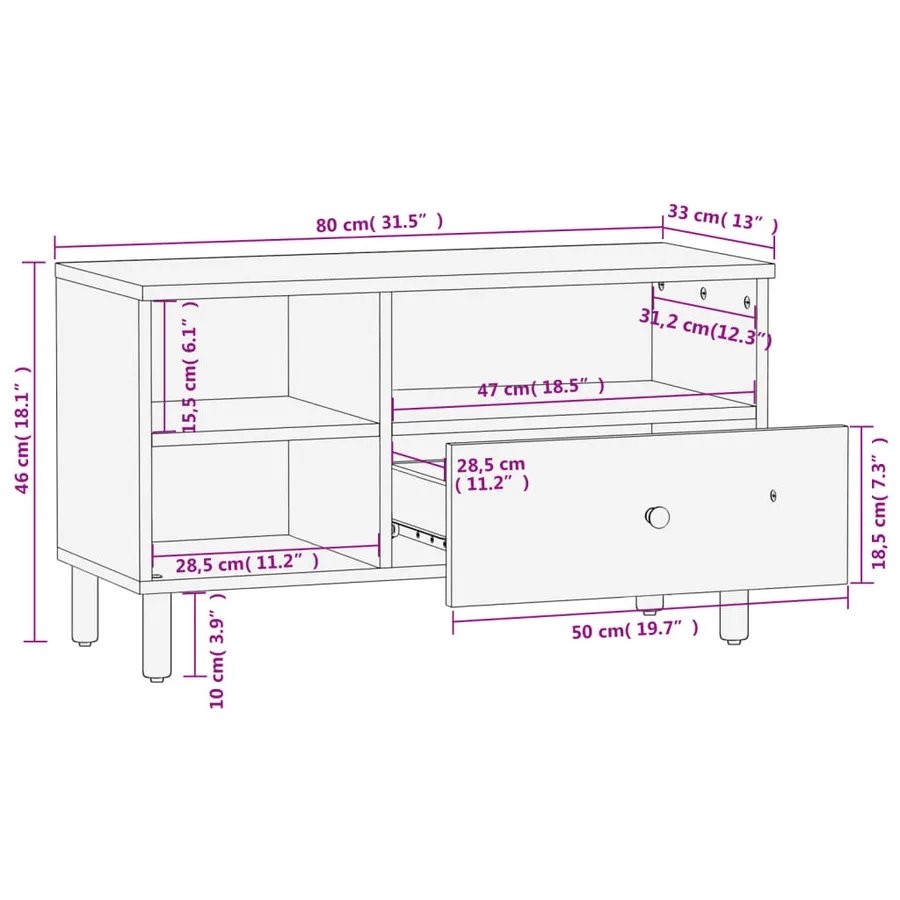 Meuble TV noir 80x33x46 cm bois massif de manguier - 11