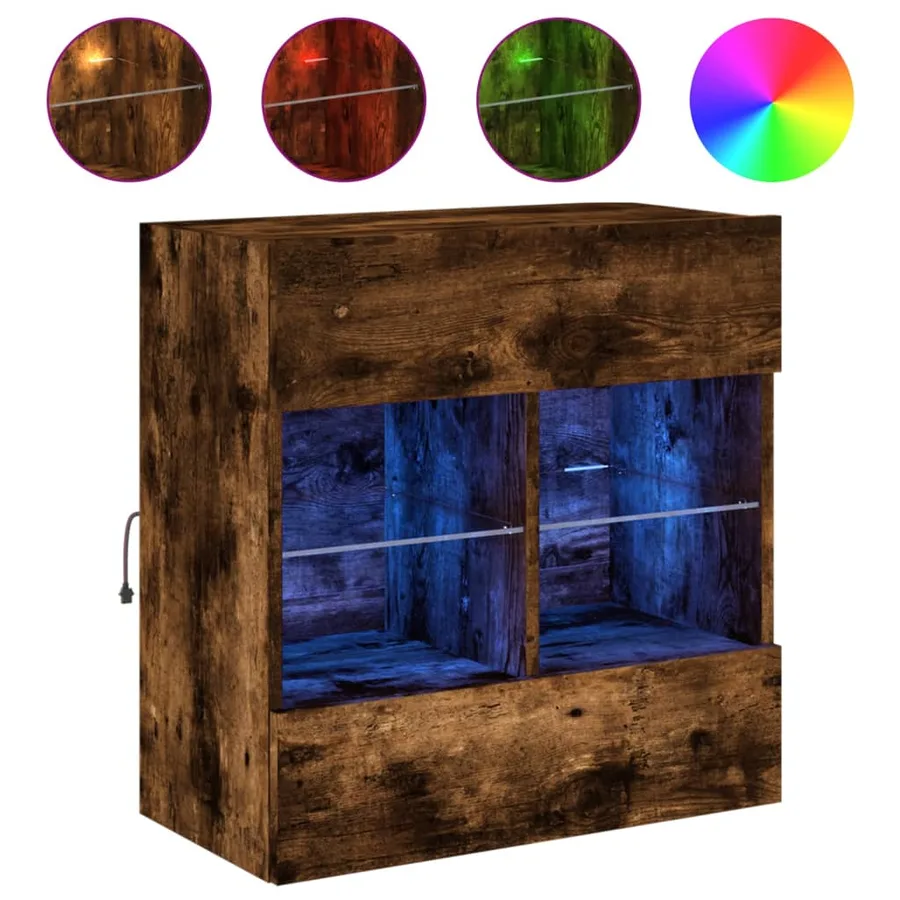 Meuble TV mural avec lumières LED chêne fumé 58,5x30x60,5 cm - 2