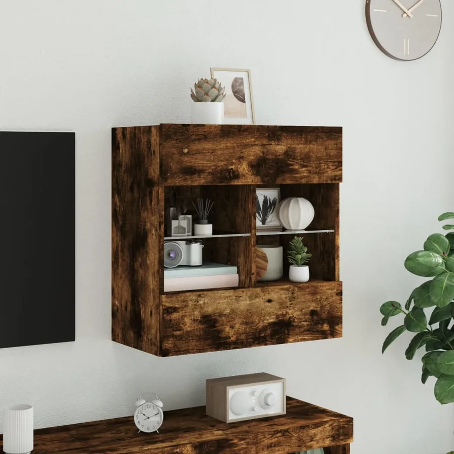 Meuble TV mural avec lumières LED chêne fumé 58,5x30x60,5 cm - 4