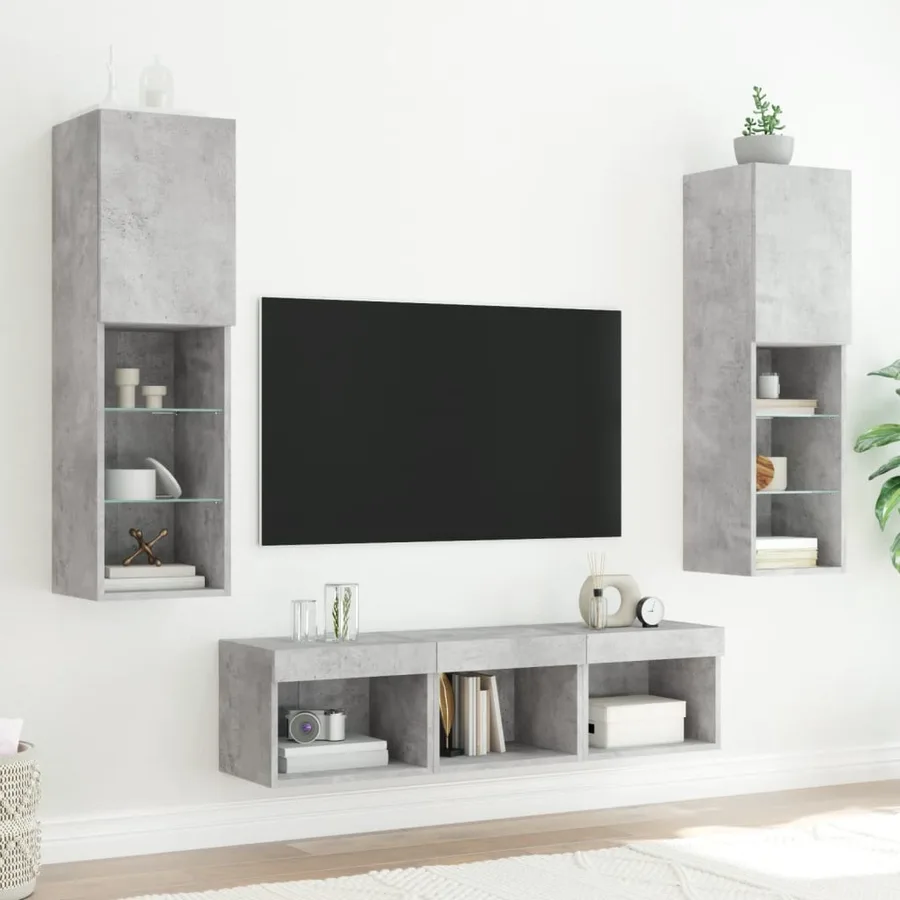 Unités murales TV avec LED 5 pcs gris béton bois d'ingénierie - 3