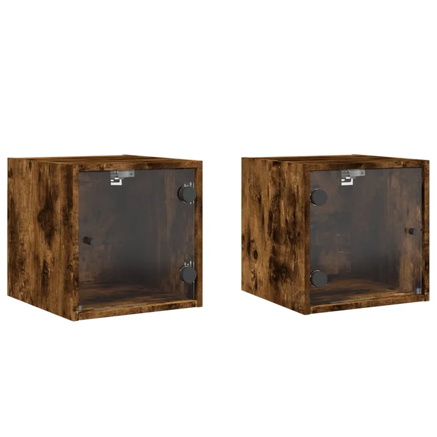 Tables de chevet et portes vitrées 2 pcs chêne fumé 35x37x35 cm - 2