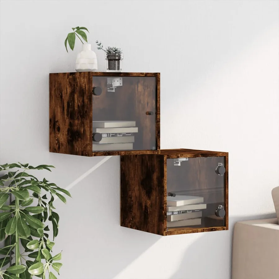 Tables de chevet et portes vitrées 2 pcs chêne fumé 35x37x35 cm - 3