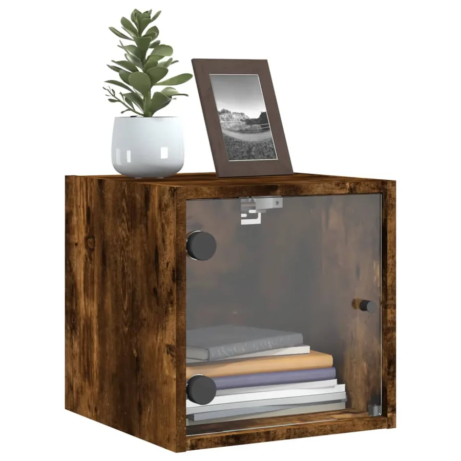 Tables de chevet et portes vitrées 2 pcs chêne fumé 35x37x35 cm - 4