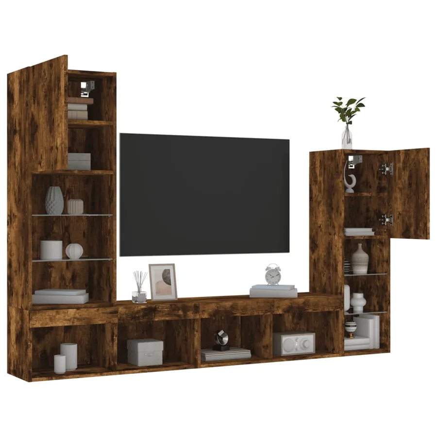 Unités murales TV avec LED 4 pcs chêne fumé bois d'ingénierie - 5