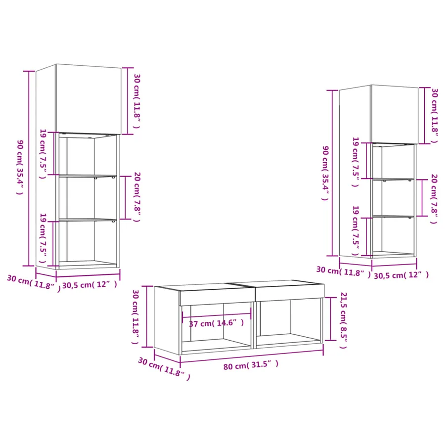 Meuble TV muraux 4 pcs avec lumières LED sonoma gris - 18