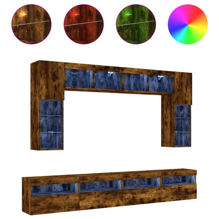 Ensemble de meubles TV muraux 8 pcs et lumières LED chêne fumé - 2
