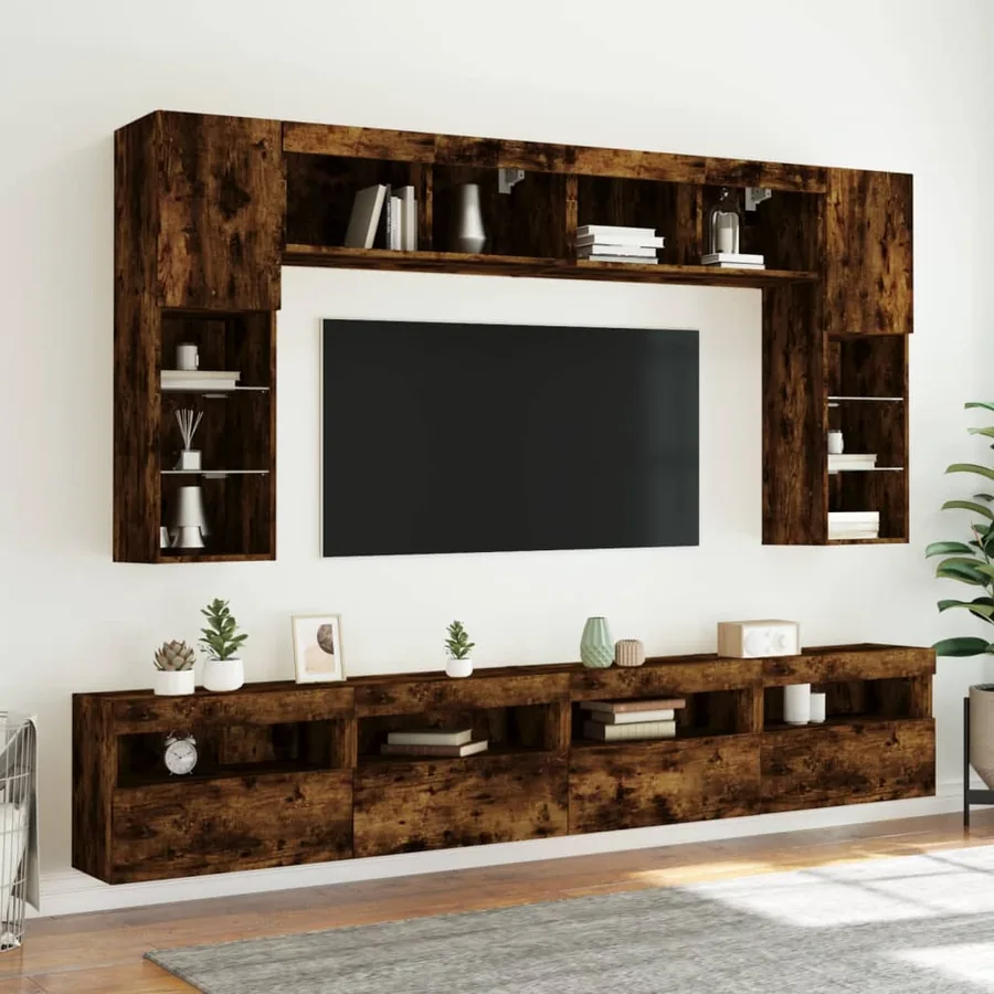 Ensemble de meubles TV muraux 8 pcs et lumières LED chêne fumé - 4