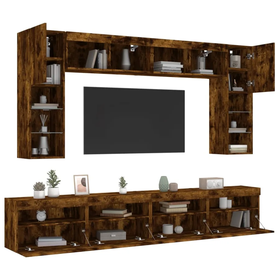 Ensemble de meubles TV muraux 8 pcs et lumières LED chêne fumé - 5
