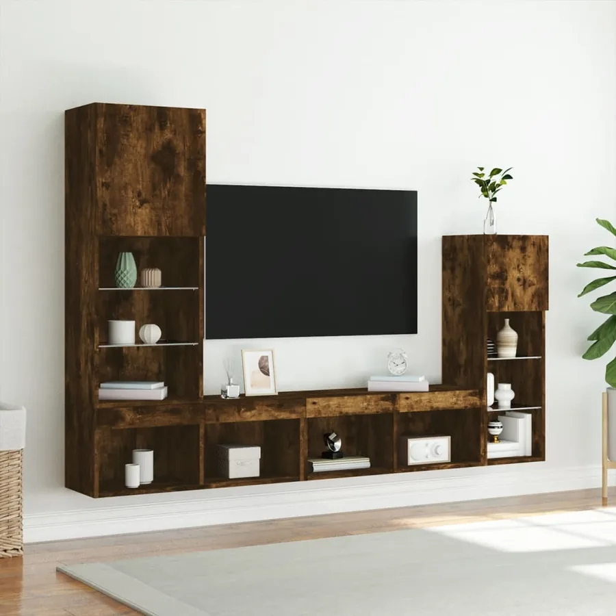 Unités murales TV avec LED 4 pcs chêne fumé bois d'ingénierie - 4