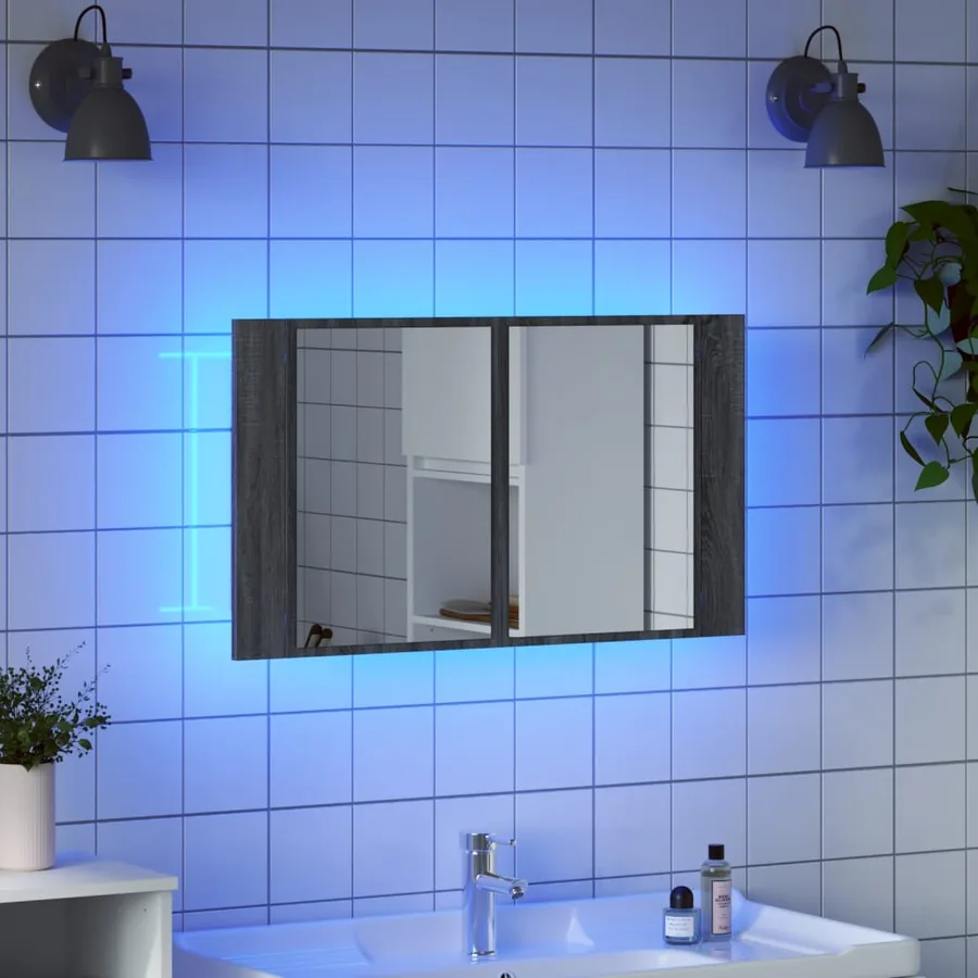 Armoire de salle de bain à miroir LED sonoma gris 80x12x45 cm - 4