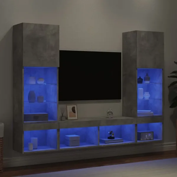 Unités murales TV avec LED 5 pcs gris béton bois d'ingénierie