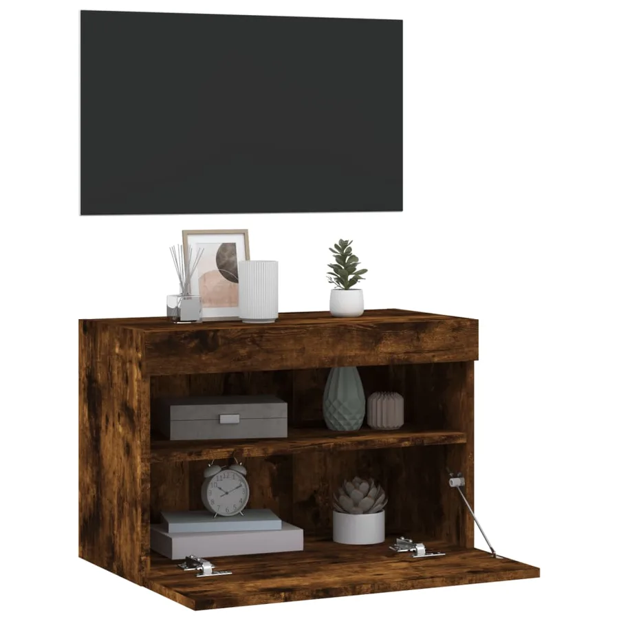 Meuble TV mural avec lumières LED chêne fumé 60x30x40 cm - 7