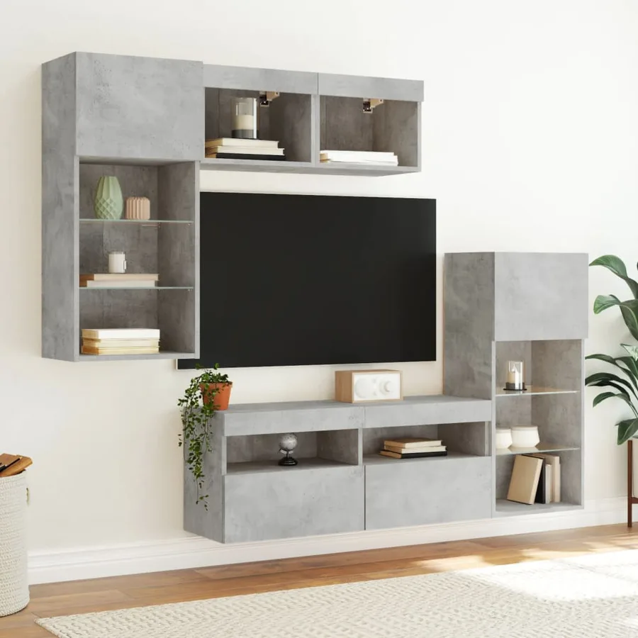 Unités murales TV avec LED 5 pcs gris béton bois d'ingénierie - 3