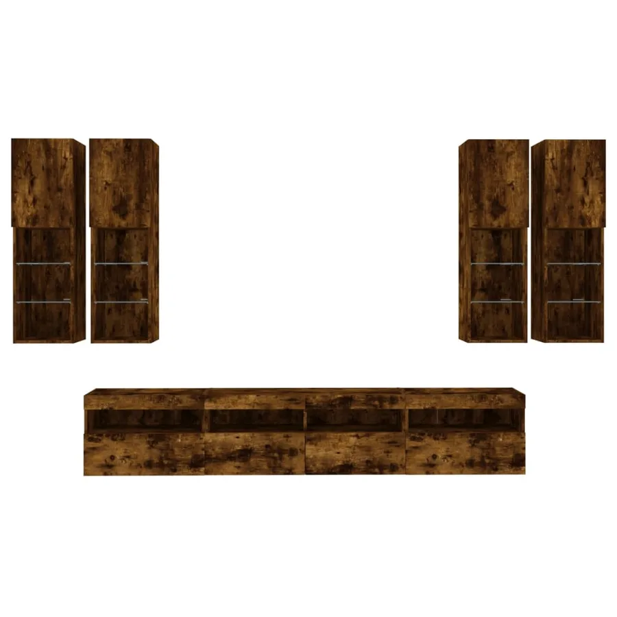 Ensemble de meubles TV muraux 7 pcs et lumières LED chêne fumé - 7
