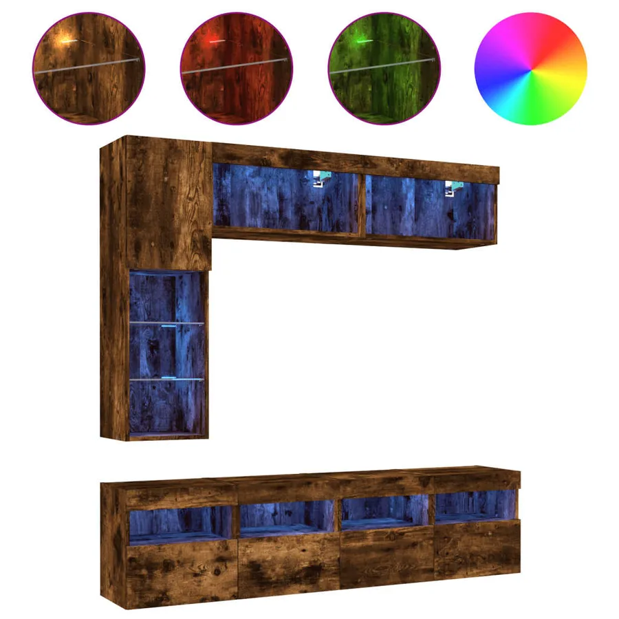 Ensemble de meubles TV muraux 7 pcs et lumières LED chêne fumé - 2